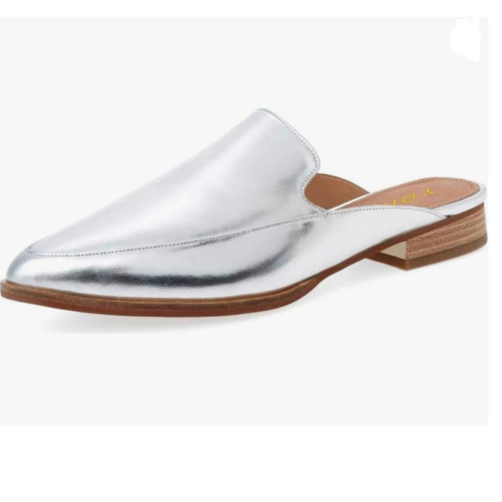 YDN Silver Low Heels Mules Slip On Loafers Pointy Toe Clogs Slide Slipper